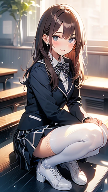 ((masterpiece, Highest quality, High resolution, 超High resolution, Pixel Perfect, Written boundary depth, 4K, RTTX 10.0, Human Development Report))), 1 girl, single, alone, beauty、View the whole body、 ((Long Hair, Short Liuhai, Reddish brown hair)), ((blue eyes, Beautiful eyelashes, Realistic eyes)), ((Detailed face, blush:1.2)), ((Smooth texture:0.75, Vibrant质感:0.65, Vibrant:1.1, Anime CG style)), Medium chest, Perfect body,  smile, attractive way to sit, Brewing tea in a teapot, (The wind makes my hair flutter，Exposing shoulders、Expose the chest、black tights) , It snows heavily at night、(((Showing panties:1.3)))、((((M-shaped legs:1.4))))
、first class, masterpiece, High resolution, (Head to toe full body view), front, frontやや下からの構図, Symmetric, Tall 18 year old, alone, (Head to toe), (Small breasts), Unkempt brown hair, bangs, ((black tights)),( (Black Pantyhose)),(White luxury lingerie), (Sit with your legs apart), (Crouching pose), (白いShowing panties構図), (Her legs were spread、I see your white pants.), (I was made to sit on the floor with my legs spread...), ((((M-shaped legs)))), Thin legs, A very beautiful and tall 18 year old girl, (No shoes), blush, Shy big eyes, looking at the camera, (((Blazer Uniform, Checkered Pleated Skirt)))、Sit across from me、((Vulgarity)),