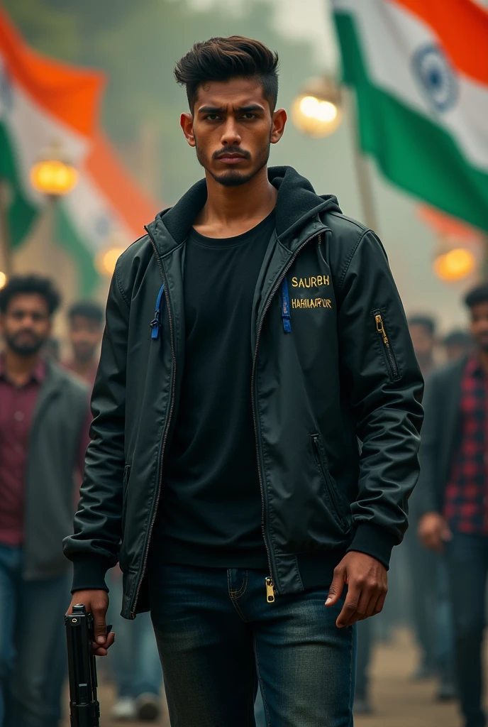 Make a photo of such an boy of 19 years.who looks like a gangster who is wearing a black Jacket and black jeans and has a gun in his hand "SAURABH HARIHARPUR" is written in White colour big size on the
His clothes which is clearly visible . He also smoking and there is happy Inpendencee in the background small golden text written. And he is waving the tricoler flag with Others hand.