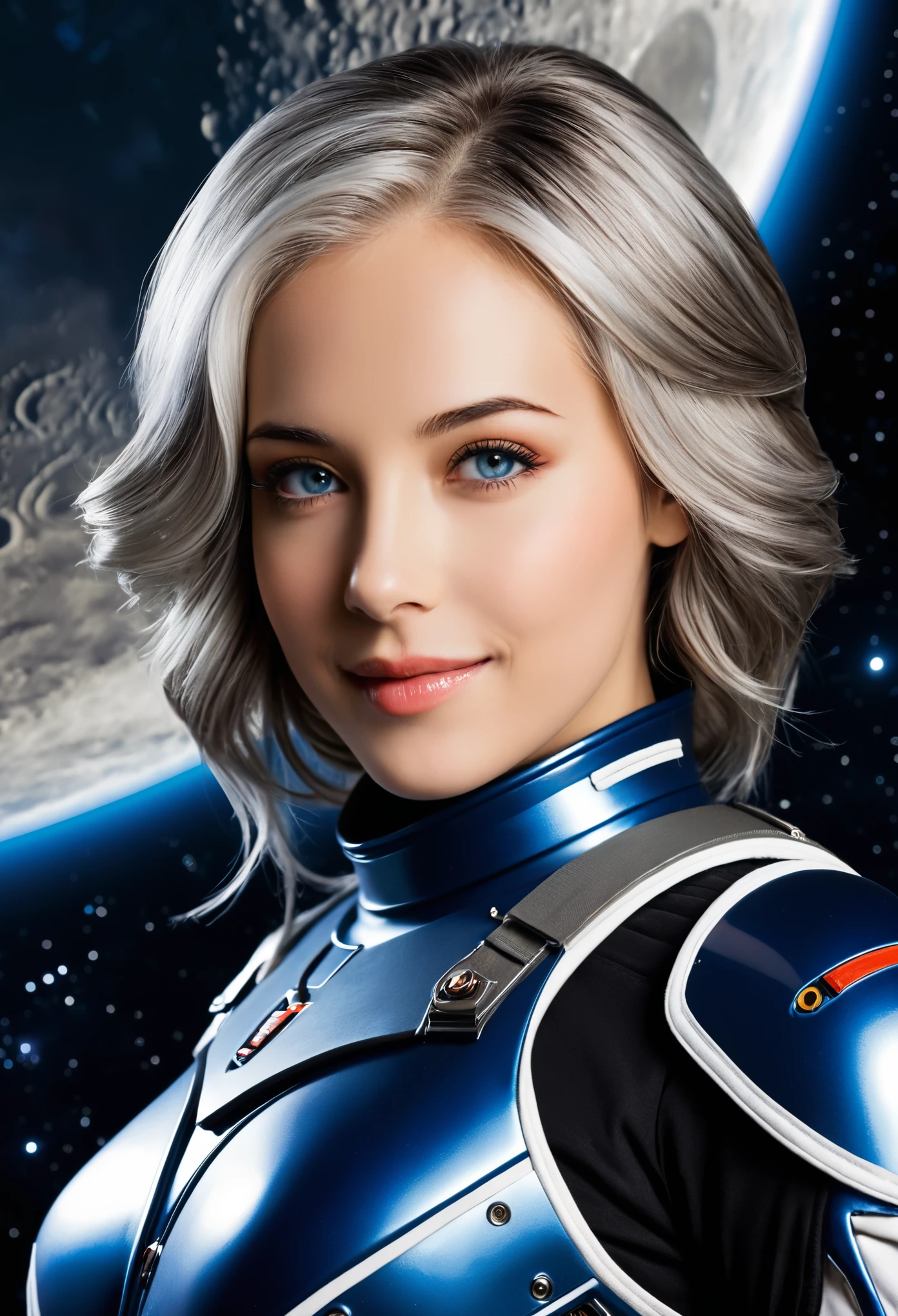 Highest quality, Ultra-high resolution, (realism: 1.4), Depth of written boundary, Beautiful Face, (Pure Eros Face_v1: 0.8), Half Body, | | One girl, Mid-chest, (Gray Hair: 1.3), An innocent smile, Natural Makeup, | | | Model pose, | | (Spacesuit: 1.3), (Blue Armor: 1.3), Exquisite design, | | Space Background, performer_(null), moonlight, night, | |