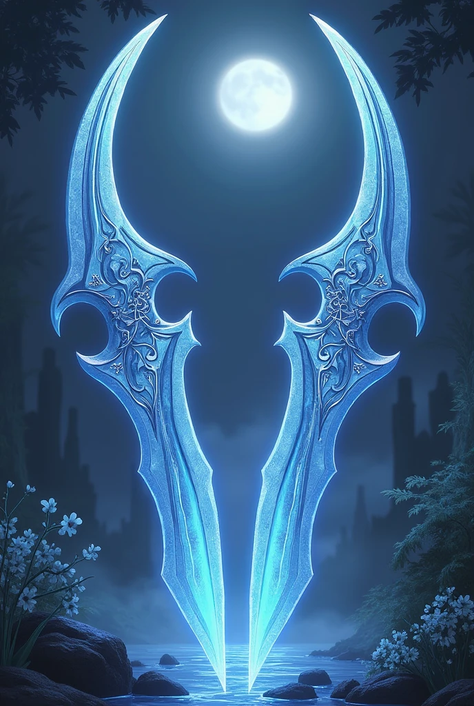 Twin blades, moon hilts, white and blue,