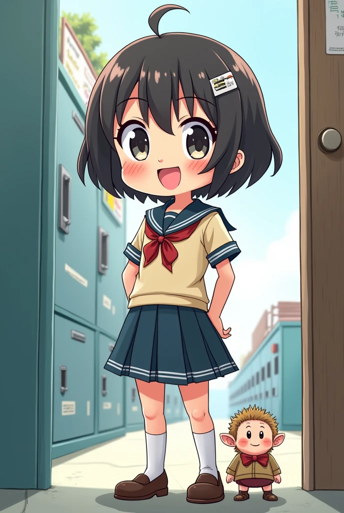 A cartoon-style Japanese junior high school girl seen from the perspective of a one-tenth-sized dwarf crouching and looking at the camera