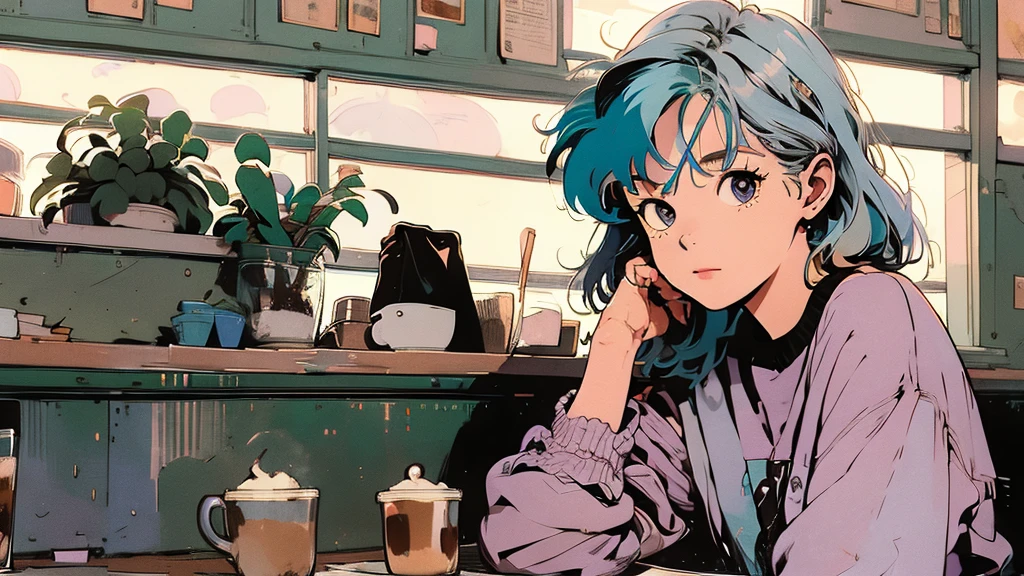 masterpiece, Highest quality, A girl with pastel-colored hair, sitting in a cozy café, with a laptop and coffee, lost in her music. lofi hip hop, solo, 