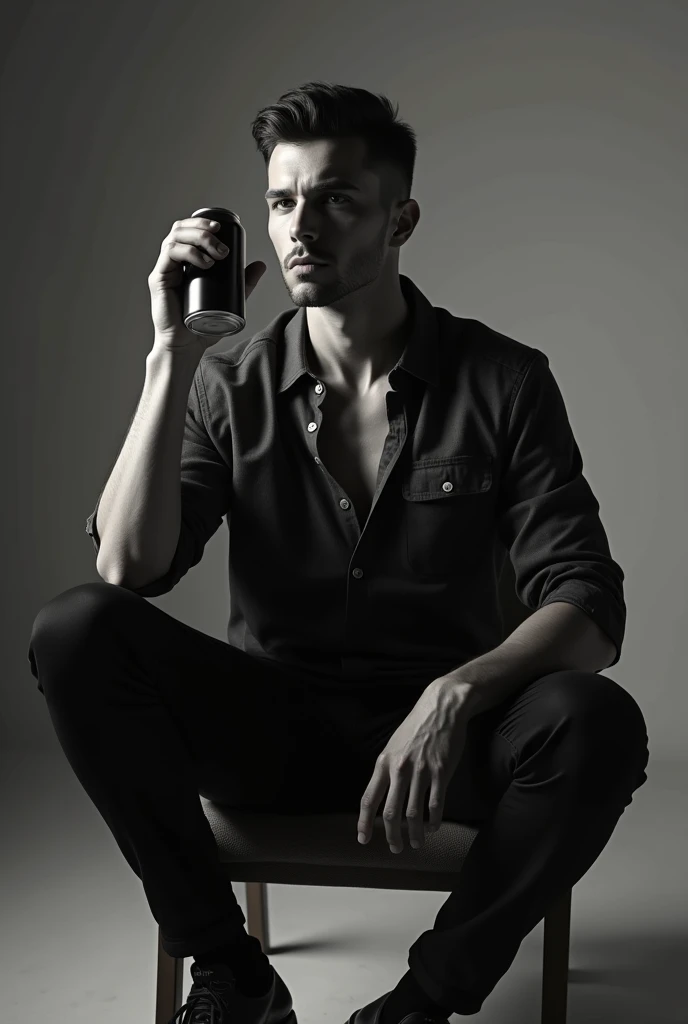 A male model poses sitting cross-legged on a chair, one hand raised on a can.
