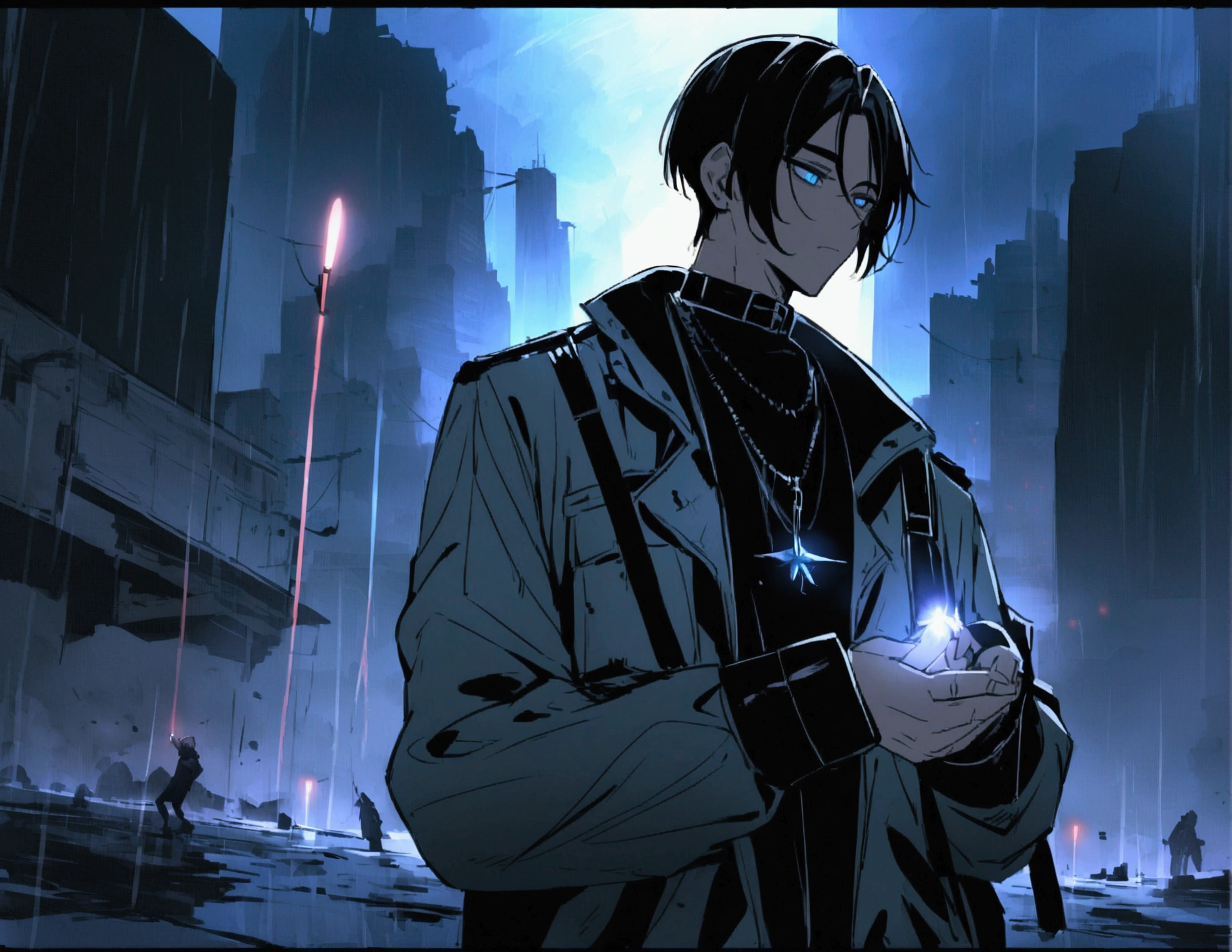 Draw Travis Scott, under the rain, in the middle of a desolate city, where he is completely alone. It seems decided, and a light seems to illuminate it, giving it that note among the loneliness. Travis Scott holds his tobacco in his hand, and in his other hand he carries Lean. Get inspired by the song Raindrops (Insane) From travis scott and metro boomin. anime style, HD.