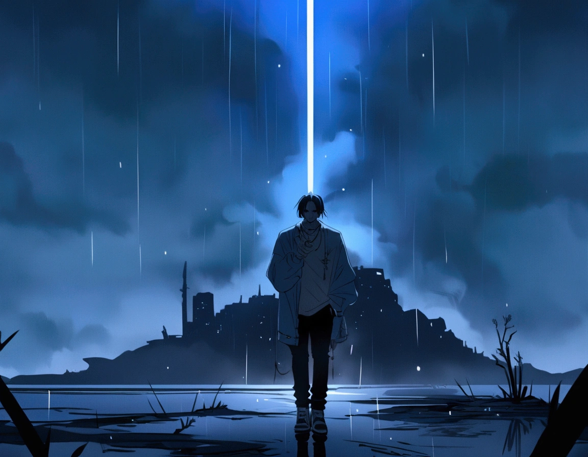 Draw Travis Scott, under the rain, in the middle of a desolate city, where he is completely alone. It seems decided, and a light seems to illuminate it, giving it that note among the loneliness. Travis Scott holds his tobacco in his hand, and in his other hand he carries Lean. Get inspired by the song Raindrops (Insane) From travis scott and metro boomin. anime style, HD.