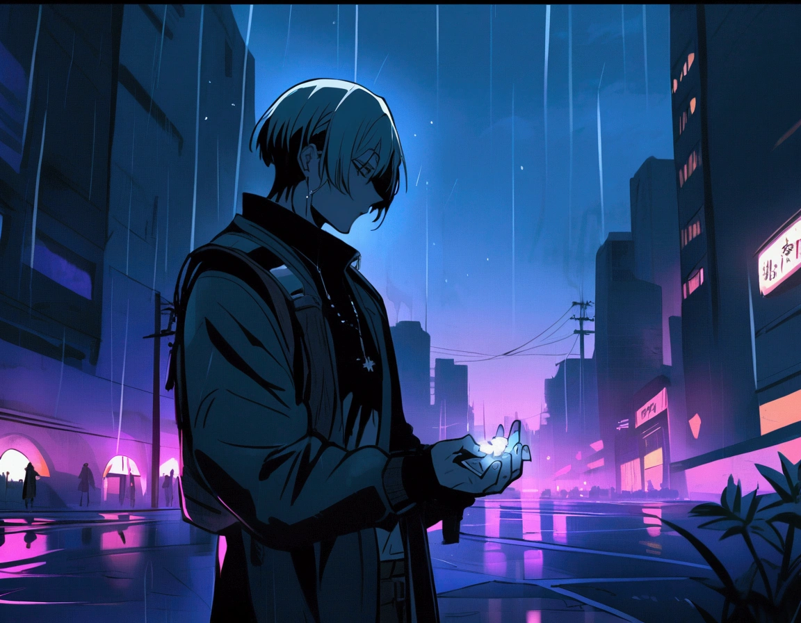 Draw Travis Scott, under the rain, in the middle of a desolate city, where he is completely alone. It seems decided, and a light seems to illuminate it, giving it that note among the loneliness. Travis Scott holds his tobacco in his hand, and in his other hand he carries Lean. Get inspired by the song Raindrops (Insane) From travis scott and metro boomin. anime style, HD.