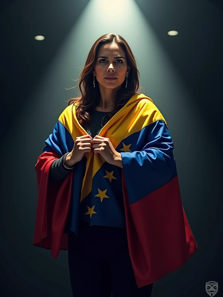 Logo "free Venezuela, Spotlight, In the background you can see Maria Corina Machado being protected by Anonymous, wrapped in the flag of Venezuela