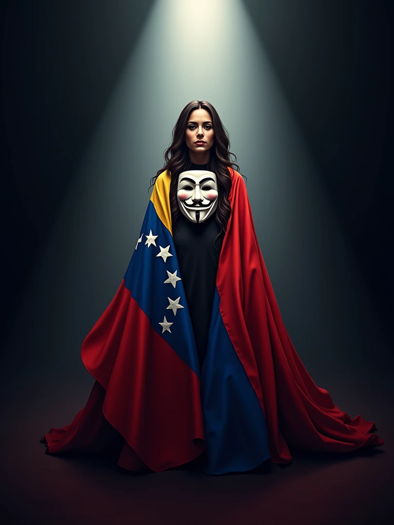 Logo "free Venezuela, Spotlight, In the background you can see Maria Corina Machado being protected by Anonymous, wrapped in the flag of Venezuela
