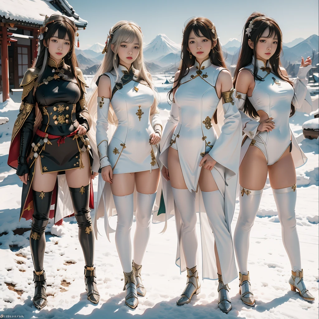 (Sketches), (number), Full body picture，Four girls posing side by side in dynamic poses, Note their white shaved legs, (中国皇族armor), (日本皇族armor), (日本皇族armor), (Empire Pension), (armor), , afternoon, Behind you are snow-capped mountains. Raw