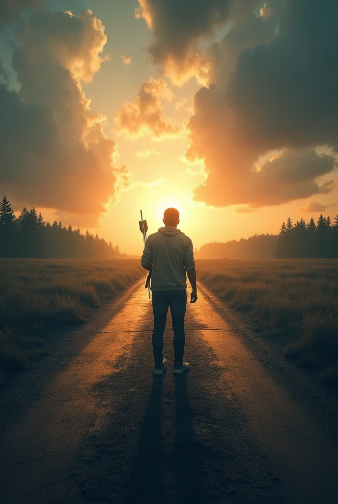 "Create a visually compelling and motivational image for a LinkedIn post. The image should depict a person standing at a crossroads under a dramatic sky, with one path leading to a bright horizon and the other to a dark, shadowy forest. The person should be holding an arrow, symbolizing taking a shot towards the bright horizon. The scene should convey a sense of determination, courage, and the choice between success and failure, encouraging viewers to engage with the post."