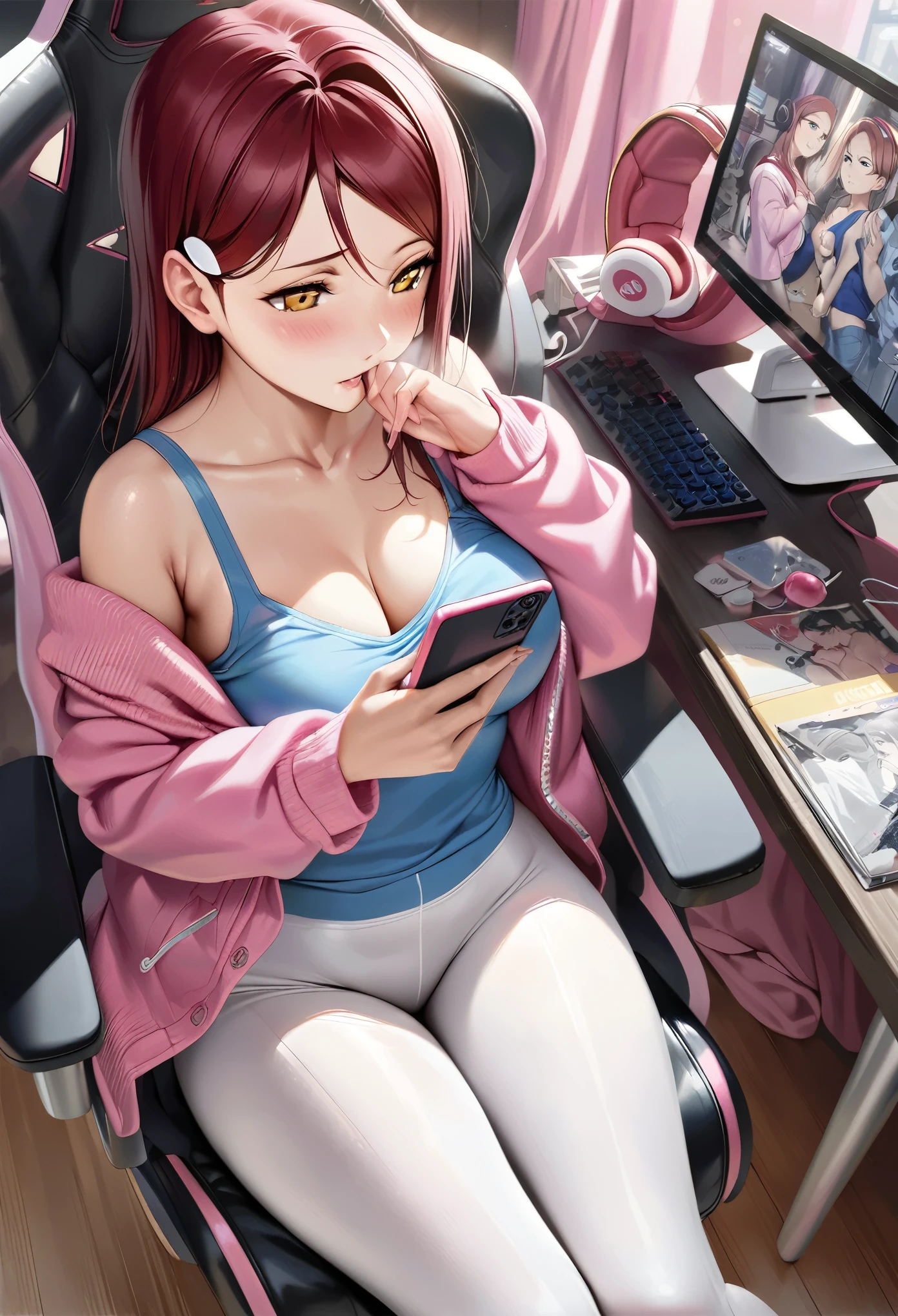 masterpiece, best quality, realistic anime art,cowboy shot,collarbone, sakurauchi riko love live, yellow eyes, romantic,low white leggings,blue tank top,pink crop jacket, headphones,detailed face,sitting on gaming chair, looking at phone, holding phone,hand on mouth,arm between breasts, breasts 