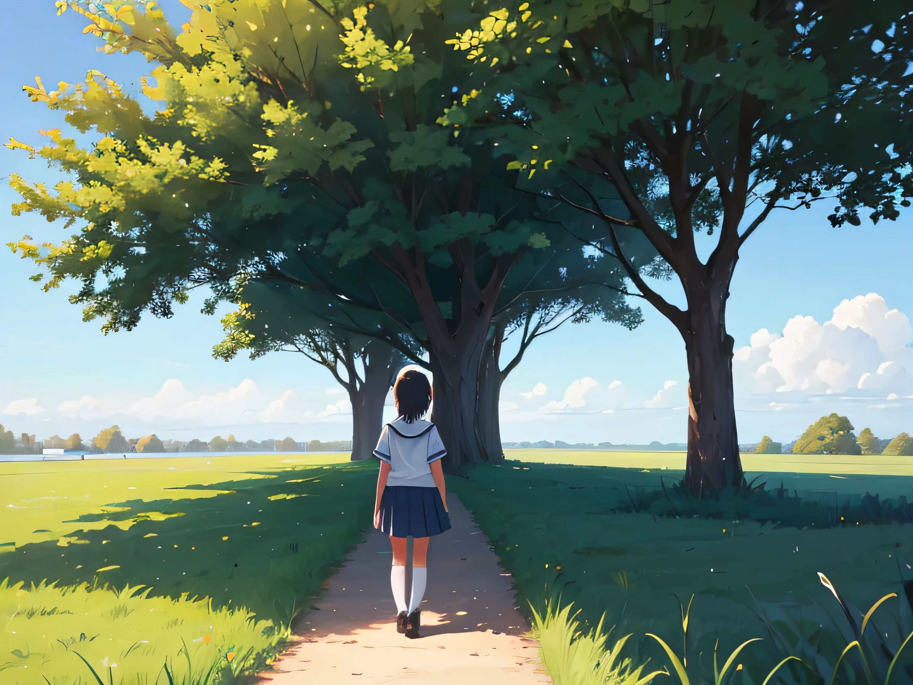 Rear view of an elementary school girl standing in a grassy field