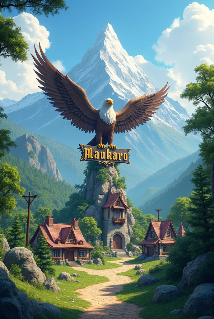 a (very beautiful) village on the edge of the forest ((beautiful mountain savanna background)) with a statue of an eagle clutching Maukaro writing city ​​name ((Maukaro)).