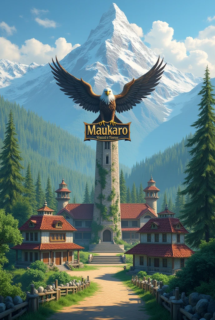 a (very beautiful) village on the edge of the forest ((beautiful mountain savanna background)) with a statue of an eagle clutching Maukaro writing city name ((Maukaro)).