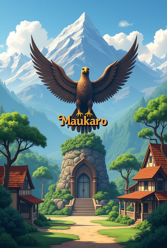 a (very beautiful) village on the edge of the forest ((beautiful mountain savanna background)) with a statue of an eagle clutching Maukaro writing city name ((Maukaro)).