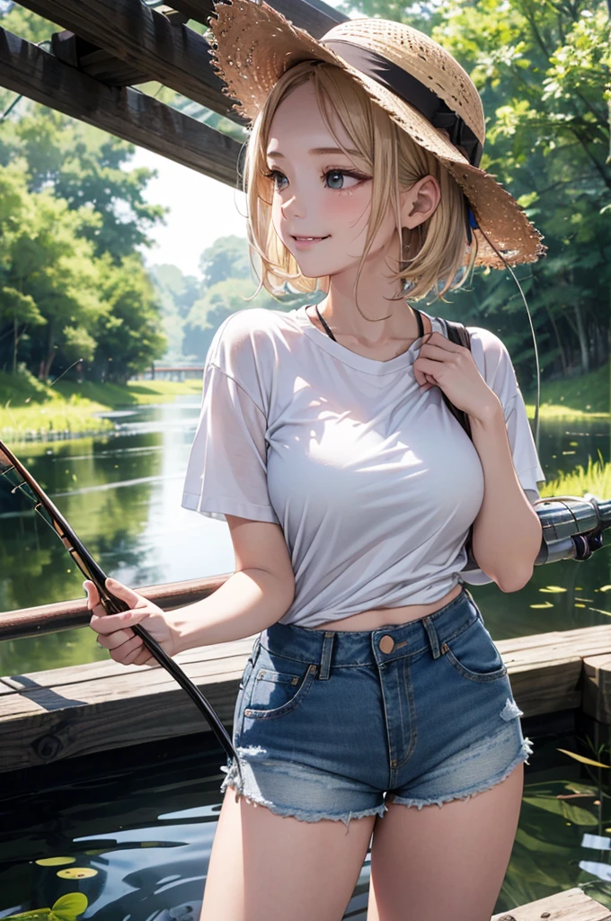 Absurd, Super detailedな,(In 8K:1.3),Masseter muscle area,(masterpiece:1.2)、(Highest quality)、4K、Super detailed、(Movement Structure:1.4)、(Shining Lights、Atmosphere lighting), High resolution, Best Quality、(One person:1.4),Super detailedな,Bright colors、Treebreak Production Art、(Warm color light source:1.2),High-level image quality、Fine image quality、Intricate details,Volumetric Lighting,Realism BREAK、Profile、 Idol face、、Very beautiful face and eyes, Beautiful images、natural make up、 big eyes,、 (full-body shot:1.3)、 (breast grab)、 (Big Tits)、(curvy body)、(glossy skin :1.5)、(Baby Face:1.5)、 (fishing pond:1.5)、 (blonde hair,short hair:1.2)、(white、t-shirt:1.2)、(Straw hat:1.2)、(denim、Shorts:1.5)、(holding a fishing rod:1.5)、(smirk:1.2)、Lure、fish