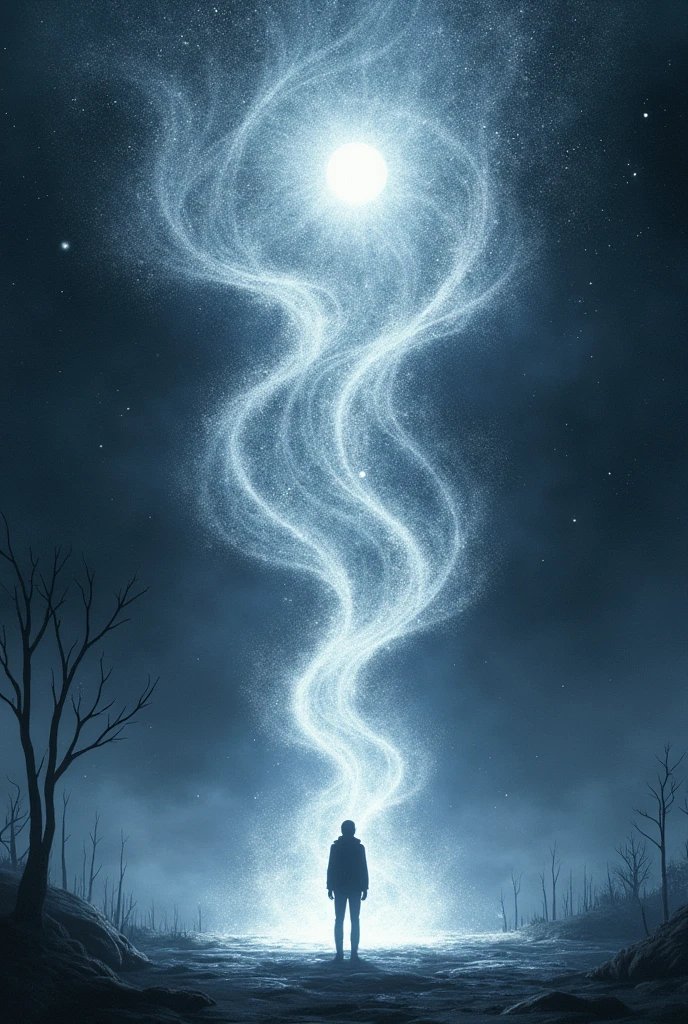 ((Best Quality)), ((masterpiece)), (detailed), an aura of the vision that perceives its surroundings in anime style, all silver color, with the black silhouette of a simple person in the center, from which a magical expanding sound wave emerges, that perceives its surroundings. With a black background.