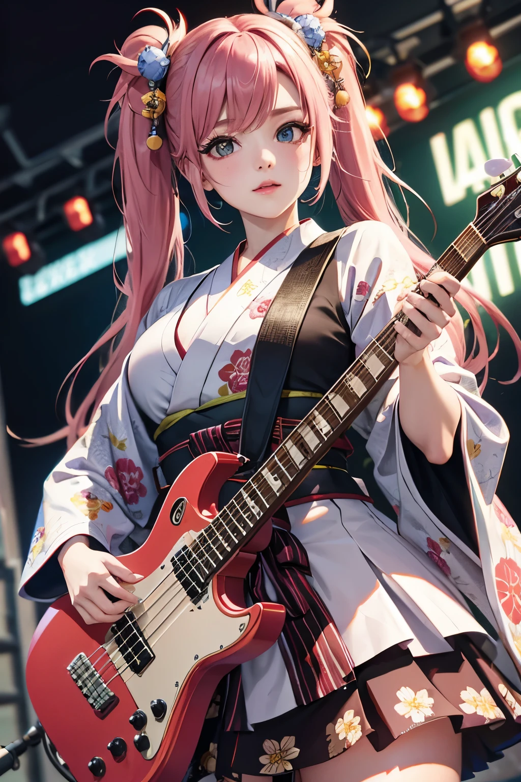 masterpiece, best quality, very detailed, high resolution, expensive resolution, high resolution, 4K, 8k, Unity 8k wallpaper, highly detailed CG, masterpiece, 2D, 3D, beautiful details, depth, fine texture, best quality: 1.3, perfect focus, crispy skin, he,
Very cute anime girl, girl playing baseguitar vocals in a band wearing a Japanese fancy floral haori hakama, on outdoor stage, full body, expensive pink twin tail hair, mole under eye, looking at the viewer, expensive, blush, mole, lips open, , heart choker, pink eyes, guitar vocals, stage,Full body of an anime girl with pink twin-tailed hair wearing a Japanese kimono and playing a bass guitar on stage at a cyberpunk festival