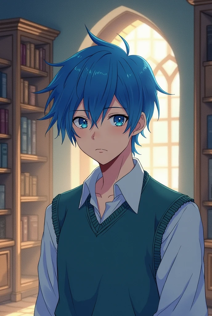 1 male, Around 30 years old,Watercolor Texture, Blue Hair, Soft colors, Illustration Anime, I'm in the library,German,middle ages,Front facing,neutral,Girl manga style,