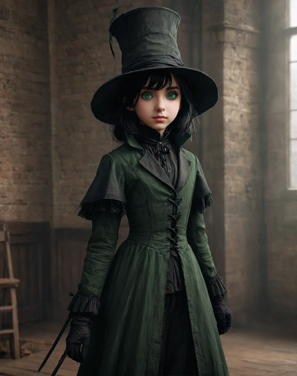 11 years old daughter of Severus Snape, A female plague doctor. She would have totally black hair, her hair is short and messy. Her green eyes would also be black and she would be very tall, having the appearance and stature of an adult. Her clothes would cover her entire body except for her face. Victorian Style art. Dark Art.