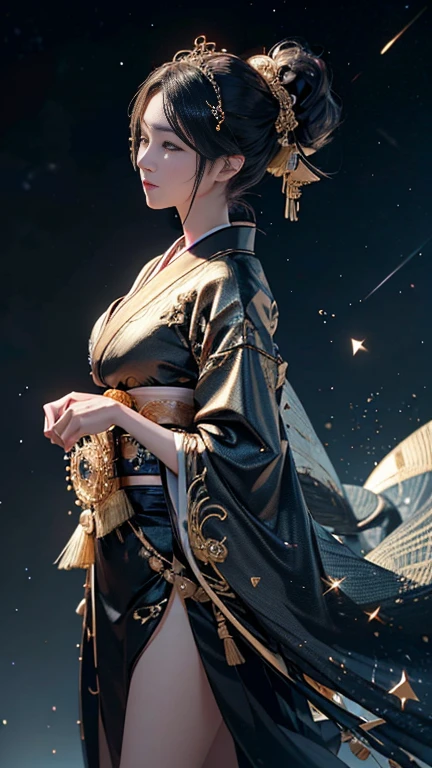 profile,Facing the audience，((Staring at the audience)),Goonio on a dark background(Kyoto、Starry sky background,Dark Background),Perfect hands、Woman with shiny black hair,((3D with 3D effect)),Cutting a ponytail、Beautiful costumes{High-end kimono(Colorful kimonos(Delicate gold embroidery,))}、Perfect Face,Depicting beautiful and elegant Japanese women。Hearts in eyes。 wallpaper 8k, .Blur the background with a sickle,((Tabletop)), ((Highest quality)),{{Realistic}}