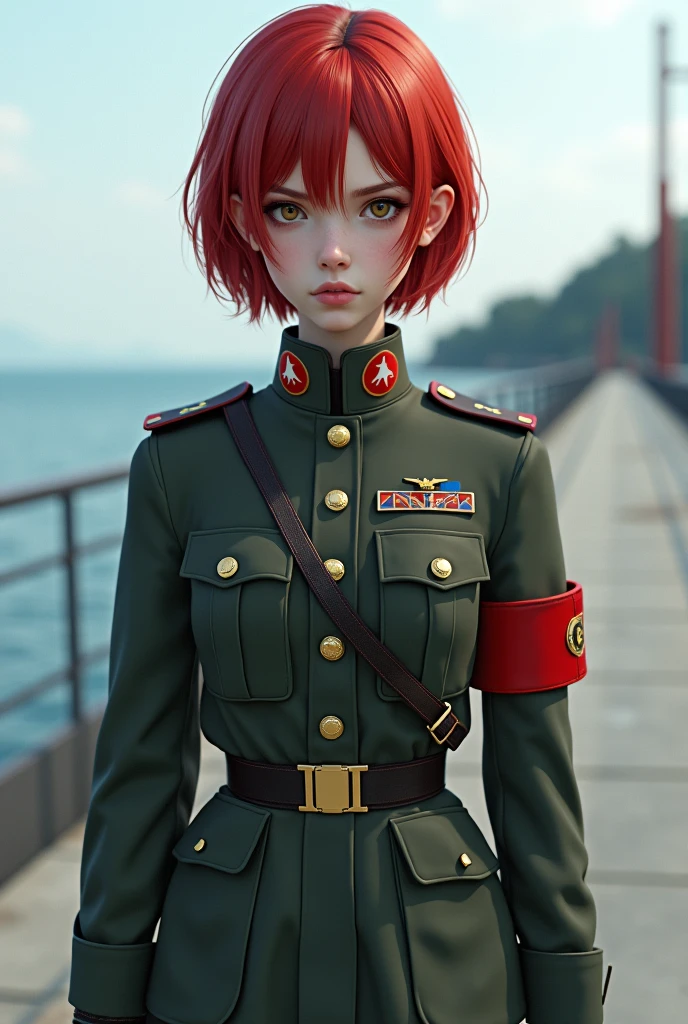 Ridiculous resolution, high resolution, (masterpiece: 1.4), Ultra Detail, Weapons testing site on an empty pier by the sea, ung woman, Red short hair, soldier outfit, Very serious expression