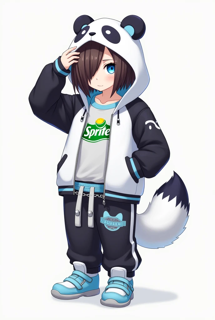 His right eye is covered by his hair, he is wearing a panda hood, and his hair is dark brown.。
The hoodie is unzipped and inside is white and grey Sprite with a light blue collar.。
Man with short hair!
Her eyes are light blue and bright like a lively child.々。
The panda hood has panda ears and the inside of the ears is light blue.。
It has eyes and the area around the pupil is light blue.。
Panda food is covered as if it is being eaten, but it has no teeth。
The hoodie has short sleeves and a grey hem.。The panda hoodie is based on white.。
The back of the hoodie has a gray-edged T-shaped slanted lettering with a deformed fox-like tail inside.wThere is something drawn under the vertical line of the T.。This also has a grey border.。
The pants are midway between the ankles and knees and have drawstrings at the bottom so they can be tightened.。
There is a chain around the belt loop that surrounds the pocket.。
The belt is light blue and the metal fittings are silver.。
The right belt has a fox tail-like decoration with a white to light blue gradient.。The tip of the tail is light blue!
The shoes are light blue in color with white fabric on the inside that spreads outwards.、The soles are also white。
Comes with white Velcro to keep it in place。