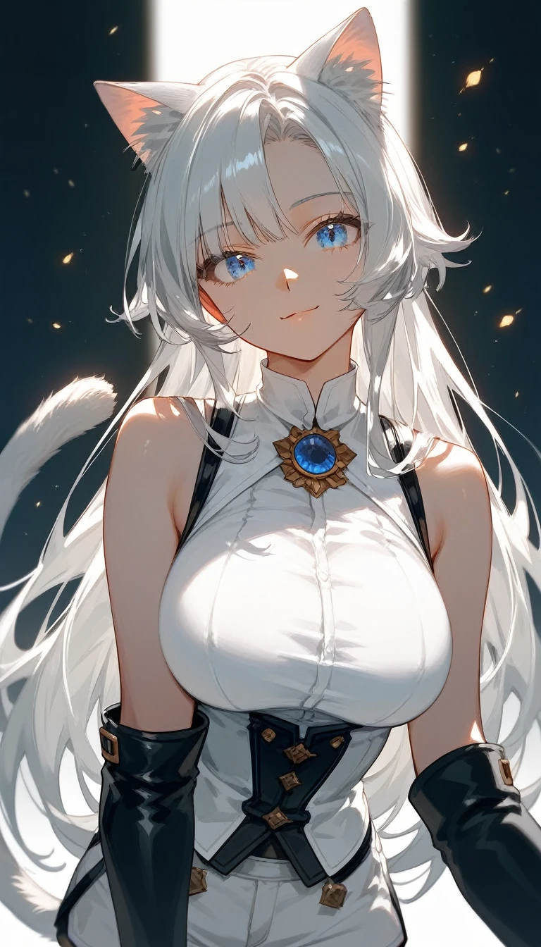 masterpiece, Score_9, Score_8_up, Score_7_up, front view, 1 woman, alone, white hair, long hair, sharp hair straight to the front, cat ears, cat tail, light blue eyes, beautiful eyes, detailed eyes, narrow eyes, smiling mouth, expressionless, smooth skin, big breasts, white short cool shirt, white sleeveless shirt, white shorts, white short gloves, best quality, black boots.