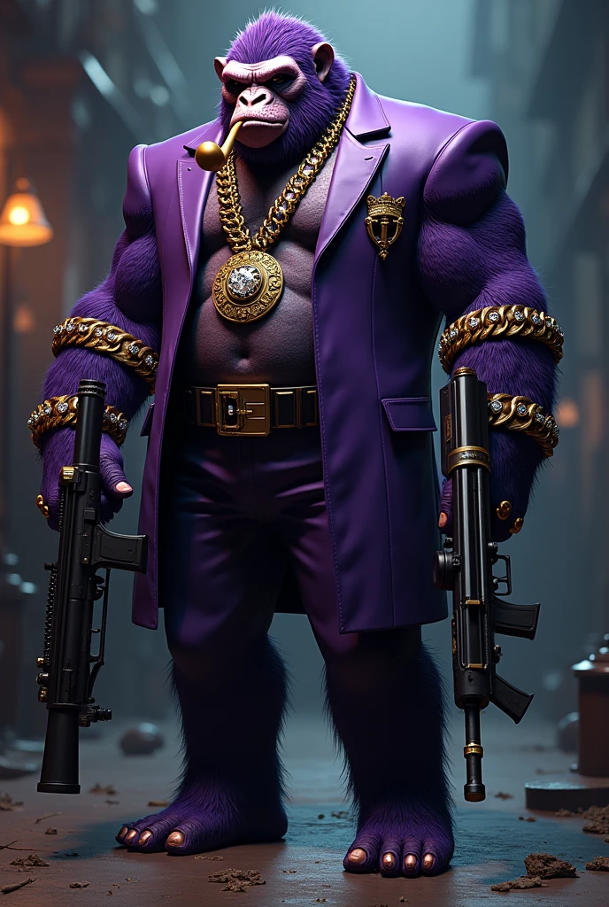 Purple Ape, With giant and high-caliber weapons, with gangster SUIT with chains, tattooed, with huge diamond and gold rings, smoking a pipe in a 3-picture