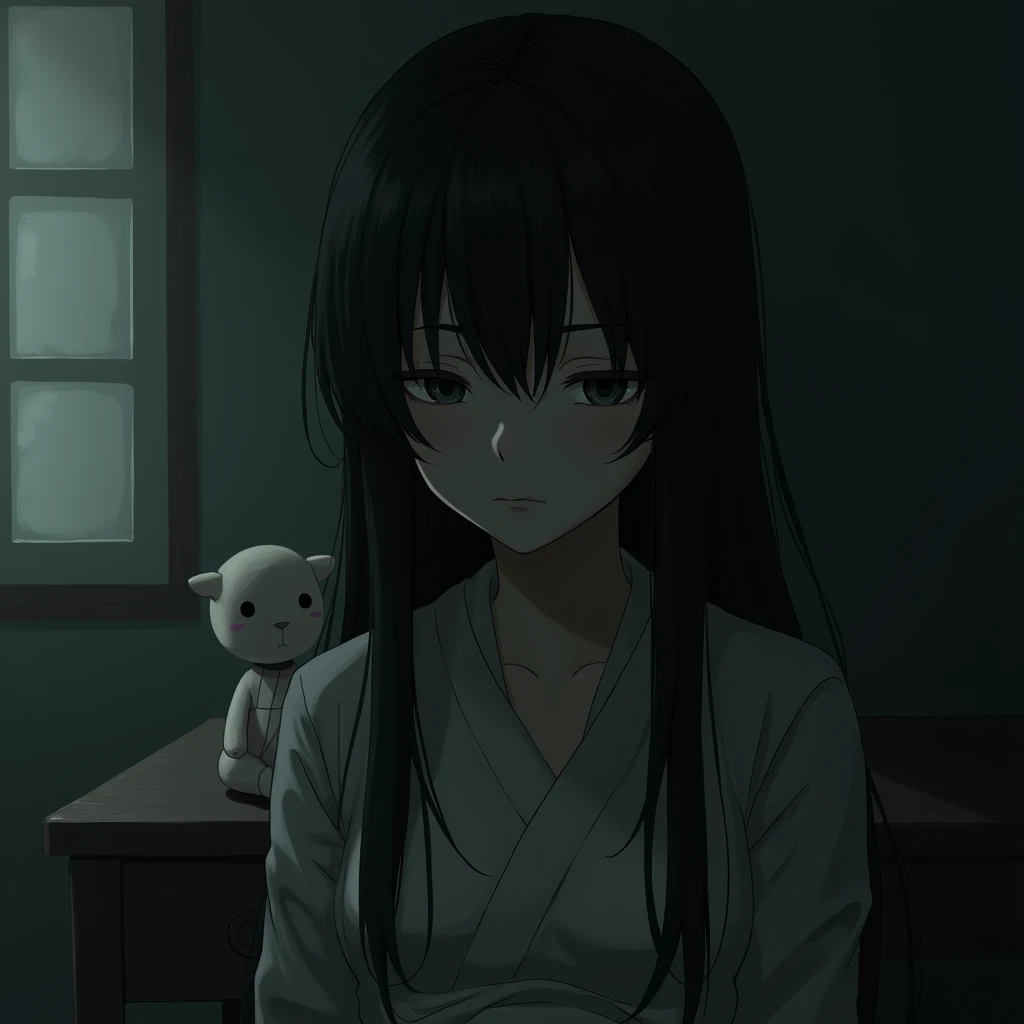 female, disappointed, expressionless, dark atmosphere, japanese, at night, in the room , hair , stuffed toy