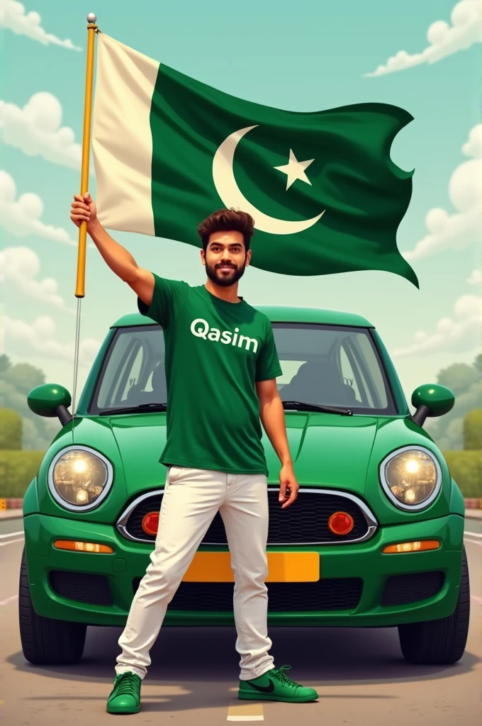 Create an image a man has in his hand Pakistan flag and stand the car this car colour is green men pent colour is white and his shoes is green and his T shirt colour is green"Qasim" name write in his T shirt 