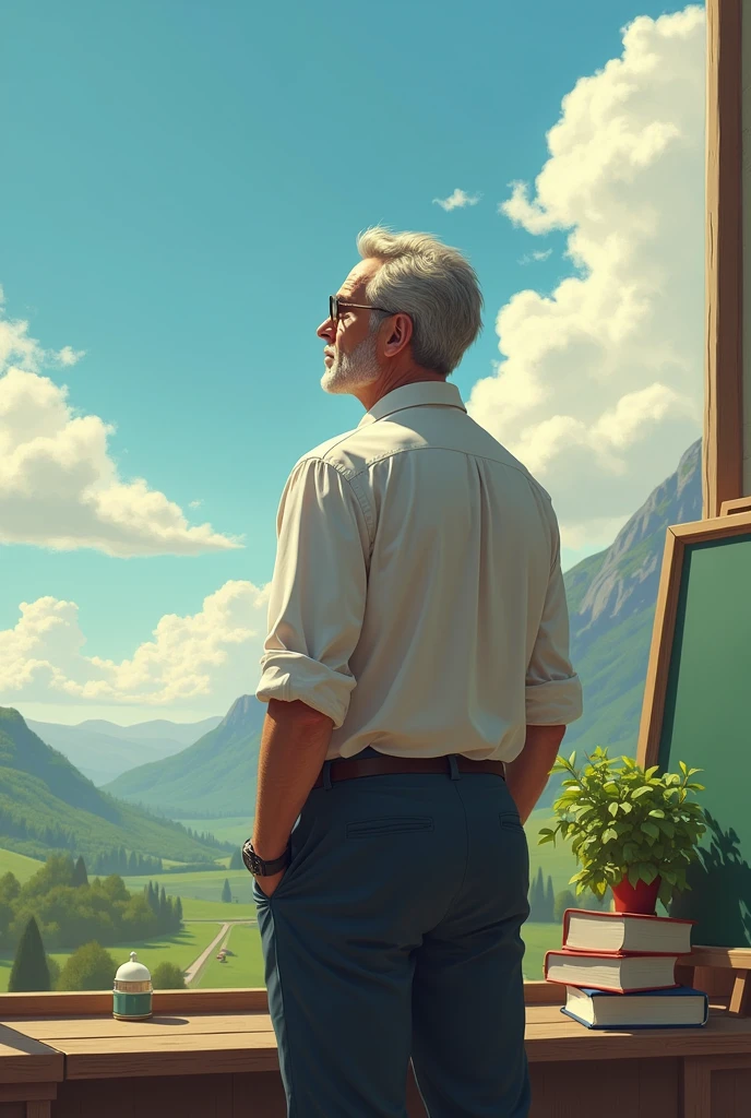 Create a picture of a man with his back turned and looking into the distance and seeing in his imagination a future as a teacher