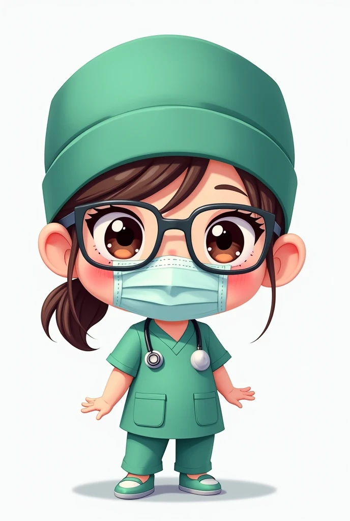 Cartoon chibi girl wearing a green medical hat, wearing a mask, wearing a green scrub, wearing gray glasses