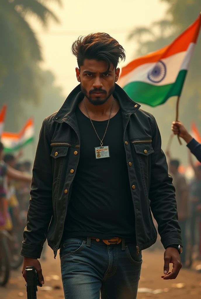 Make a photo of such an boy of 17 years.who looks like a gangster who is wearing a black Jacket and black jeans and has a gun in his hand SAURABH HARIHARPUR is written in White colour on the
His I'd card . He also smoking and there is happy Inpendencee in the background small golden text written. And he is waving the tricoler flag with Others hand.