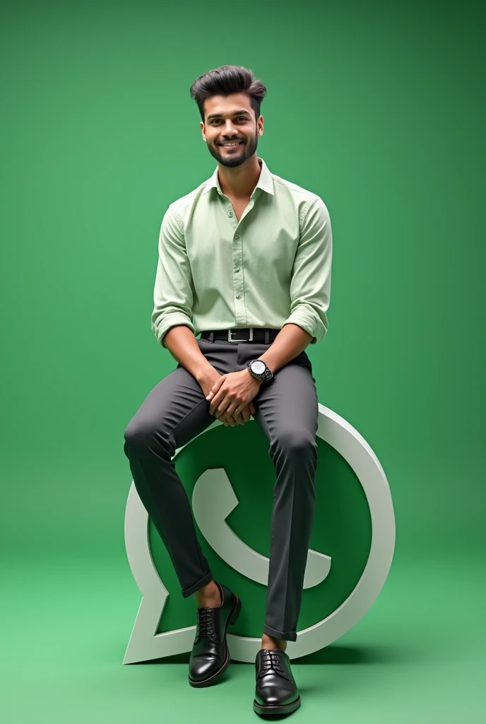 Prompt: Generate a 3D depiction of a charming young man in contemporary professional attire casually seated on the watsapp  logo. The character should be placed against the backdrop resembling his tiktok profile page, featuring the username "Dilanka madushan " and a profile picture matching the character's appearance.