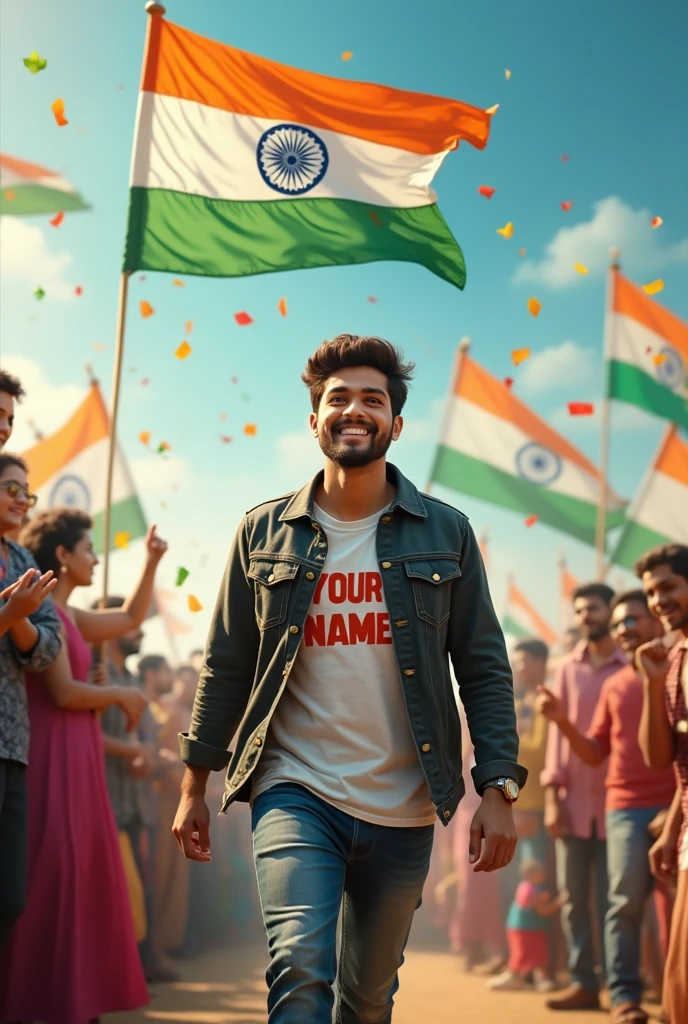 "Generate a real-life image of a 21-year-old (boy) joyfully celebrating Indian Independence Day. The individual is dressed in stylish jacket and jeans attire with the name 'YOUR NAME' prominently displayed on their clothing. The sky above them features the words 'Happy Independence Day' in a bold font. The background is alive with a crowd of people celebrating, creating a vibrant and patriotic atmosphere."