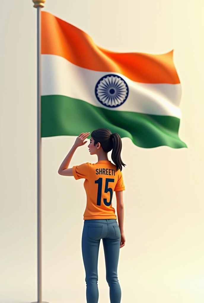 
A 20 years old girl salutes the national flag of bharat and he is wearing a shirt print is like bharat flag and "Shreeti" and 15 number and independence day in small is written on it's back in big and bold fonts, 3d illustration