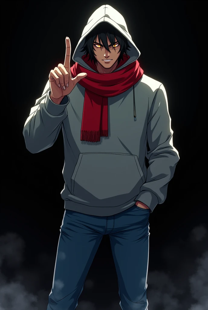 Anime middle finger pose, black void man 6'4, with orange hollow eyes, red scarf, gray hoodie, blue jeans