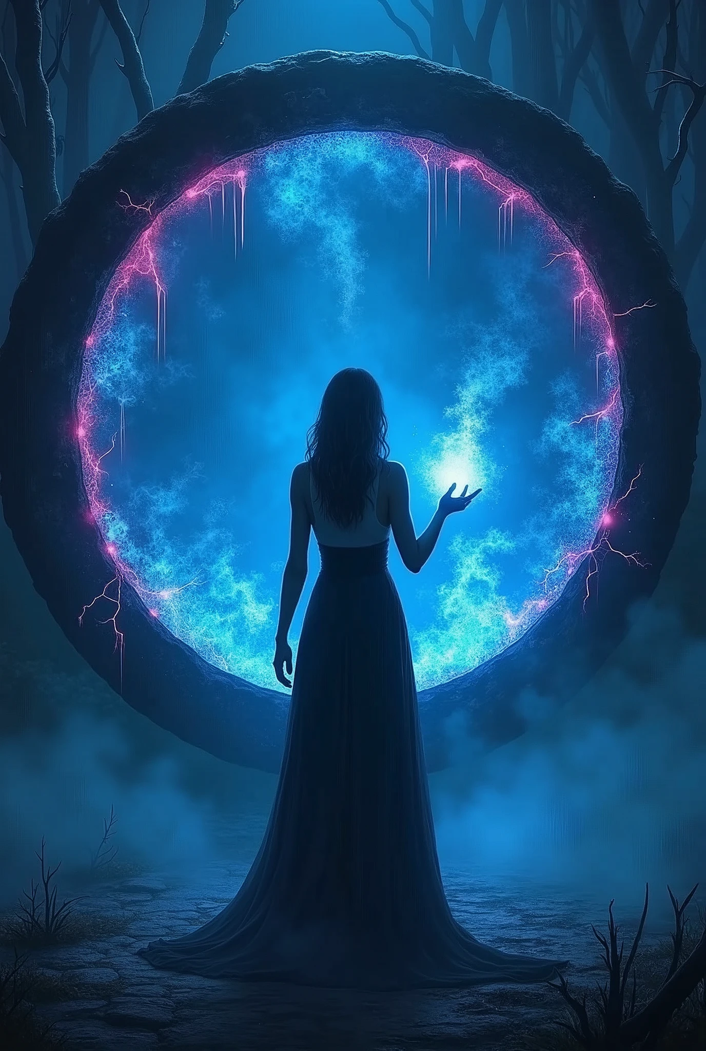 Nuit noir avec une porte surnaturel rond et noir et rose et bleu avec des eclairs de magie et de la fumé au sol et une femme de dos qui tien un colier bleu dans sa main dans un lieu sombre