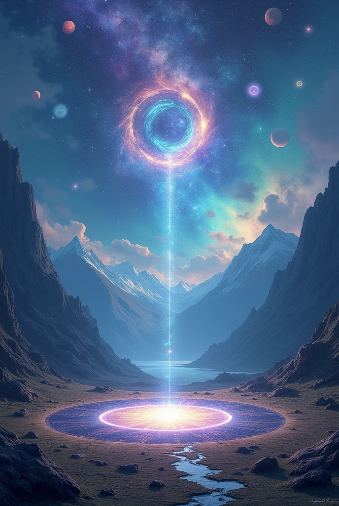 A place with a oval shaped chakra on the ground surrounded with planets and galaxies and mountains