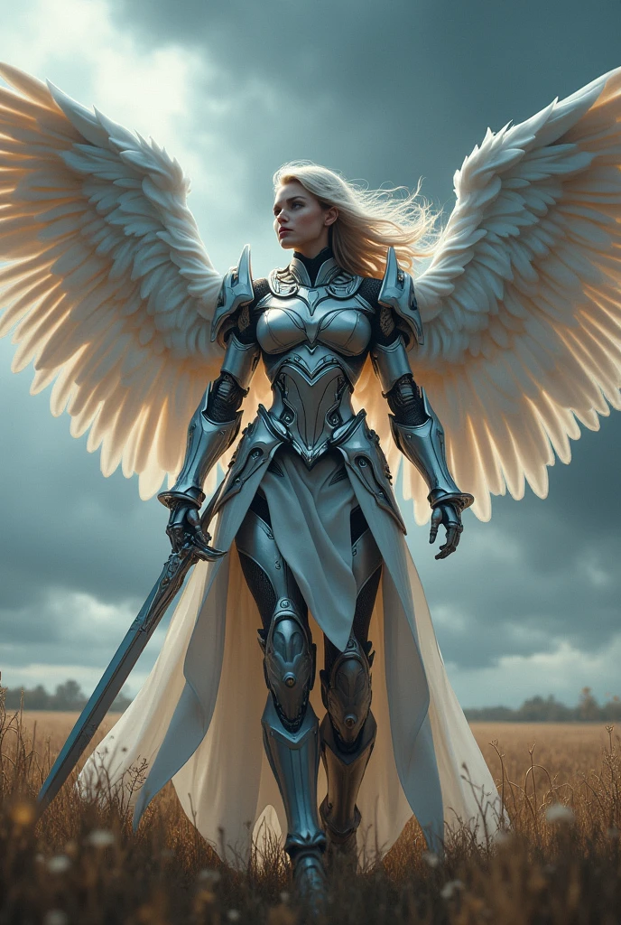 thunder archangel Raphael,war effect,REAL - style image of a woman with a sword in a field, cyberpunk art inspired by Leng Mei, cgsociety contest winner, fantasy art, beautiful cyborg angel girl, angel knight girl, as a mystical valkyrie, battle angel, angel in plastic armor, mechanized valkyrie girl, unreal engine 4k wallpaper, wraith from apex legends, epic angel wings