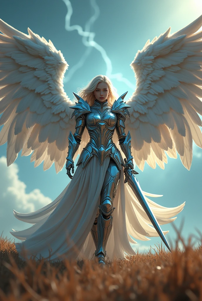 thunder archangel Raphael,war effect,REAL - style image of a woman with a sword in a field, cyberpunk art inspired by Leng Mei, cgsociety contest winner, fantasy art, beautiful cyborg angel girl, angel knight girl, as a mystical valkyrie, battle angel, angel in plastic armor, mechanized valkyrie girl, unreal engine 4k wallpaper, wraith from apex legends, epic angel wings
