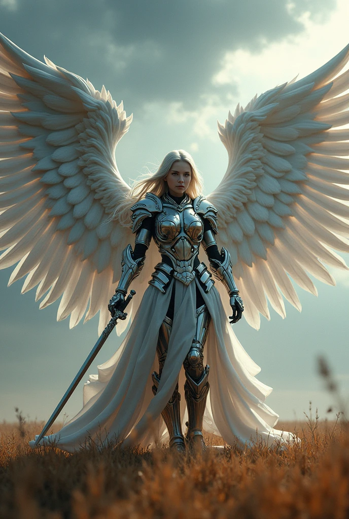 thunder archangel Raphael,war effect,REAL - style image of a woman with a sword in a field, cyberpunk art inspired by Leng Mei, cgsociety contest winner, fantasy art, beautiful cyborg angel girl, angel knight girl, as a mystical valkyrie, battle angel, angel in plastic armor, mechanized valkyrie girl, unreal engine 4k wallpaper, wraith from apex legends, epic angel wings