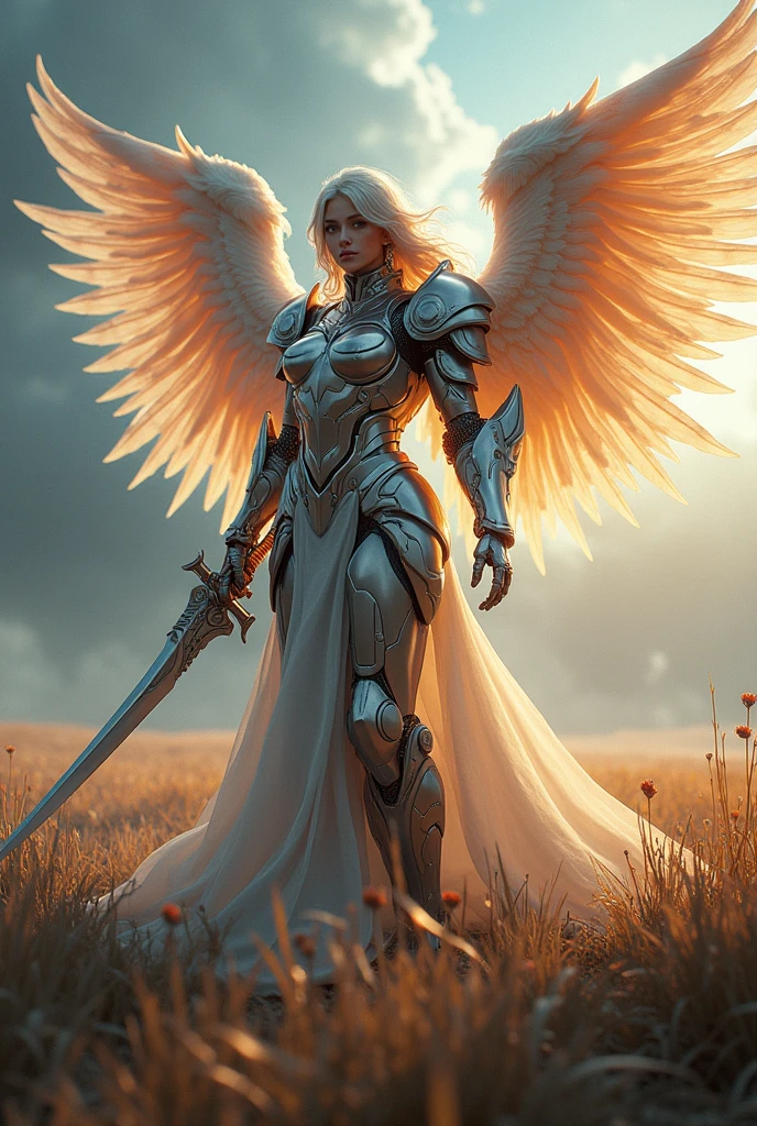 thunder archangel Raphael,war effect,REAL - style image of a woman with a sword in a field, cyberpunk art inspired by Leng Mei, cgsociety contest winner, fantasy art, beautiful cyborg angel girl, angel knight girl, as a mystical valkyrie, battle angel, angel in plastic armor, mechanized valkyrie girl, unreal engine 4k wallpaper, wraith from apex legends, epic angel wings