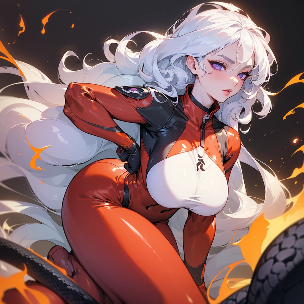 ((ultra quality)), ((masterpiece)), ((Samurai)), ((sensual)), ((Angelic beauty woman)), ((long white curly hair)), ((White hair)), ((White hair)), ((curly hair)), (beautiful face), (beautiful female lips), Enchanting ((Seductive facial expression)), looks at the camera with a slight smile, (White skin color), (White skin), glow on the body, ((detailed eyes)), ((Next to a huge black snake)), ((violet eyes)), (juicy female lips), (dark eyeliner), (beautiful female hands), ((thick body)), ideal female body, ((Red fire suit)), beautiful waist, beautiful big hips, big breasts, thick thighs, ((threatening and beautiful)) (), ((depth of field)), ((high quality clear image)), (delete details), ((High detail)), ((clear focus))