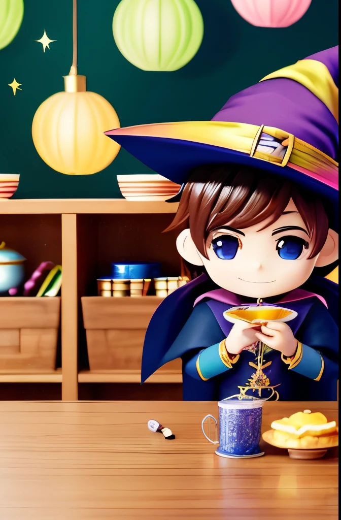 Masterpiece, best quality, chibi, wizard tea party, handsome male witch, beautiful witch, happy, vibrant, colorful