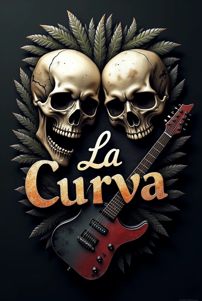 Make me a logo with the name "La Curva" including skulls, instruments like guitar and drums, make it aggressive and realistic, that causes a visual impact also the name "La curva" that be realistic