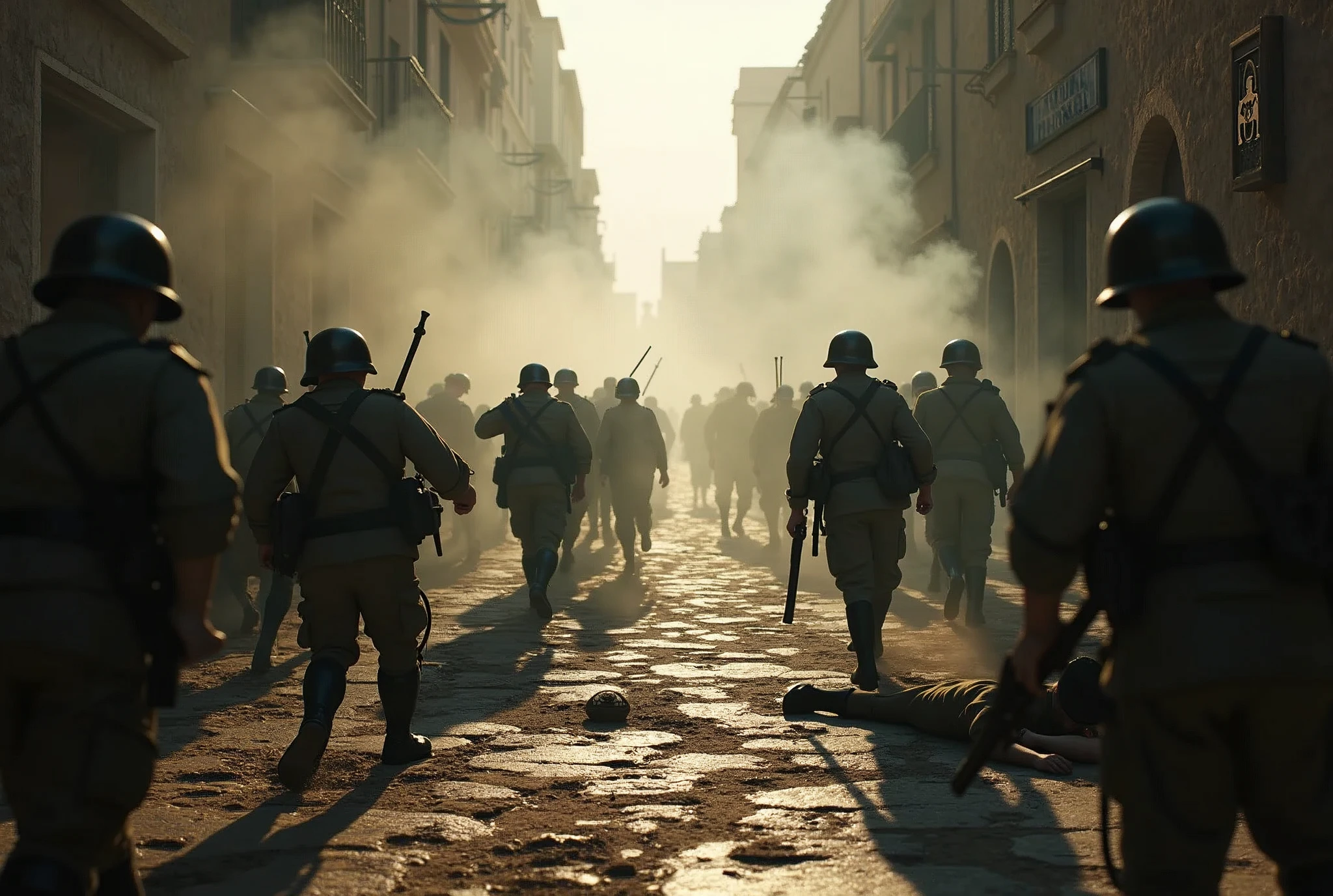 ((( masterpiece ))), (((Highest quality))), ((Very detailed)), (photograph), (Epic battle in Sassi di Matera), (photo:1.2) of Two groups of soldiers (World War II soldiers: German soldiers against Italian Partisans.), (Battle Scene), Half-height angled POV, dressed in different uniforms, fight each other in the alleys of the Sassi of Matera. Some soldiers are squatting, others lying on the ground, still others run to shelter from the blows of opponents, cinematic lights. Masterpiece, best quality, 8K, photo realistic, wallpaper, wallpaper 8k, photographic contest winner, Hyperrealistic art cinematic film still photography in the style of detailed hyperrealism photoshoot. [Entire scene is surrounded by lights, evoking a magical and eerie atmosphere. The lighting is bright and atmospheric, with smoke adding a touch of sinister ambiance. Best quality image, HDR enhancement, showcasing the utmost level of detail and realism]. [8K, Best Quality, Ultra High Resolution, (highly detailed CG unity 8k wallpaper), (best photo), (best shadows), isometric 3D, octane rendering, ray tracing, highly detailed, (Best quality, 4K, 8k:1.2), absurdity, ultra detailed, (realistic, photorealistic, photorealistic:1.37), complex parts, HDR, (complex parts:1.12), (hyper detailed, hyper realistic, Soft lighting, spicy:1.2), (complex parts, Hyper detailed:1.15). Blurred foreground. (backlit), masterpiece, high quality, brightness, chromatic aberration, foggy smoke, shadows, contrast, clear sky, (warm hue, warm tone), high details, natural reflections].