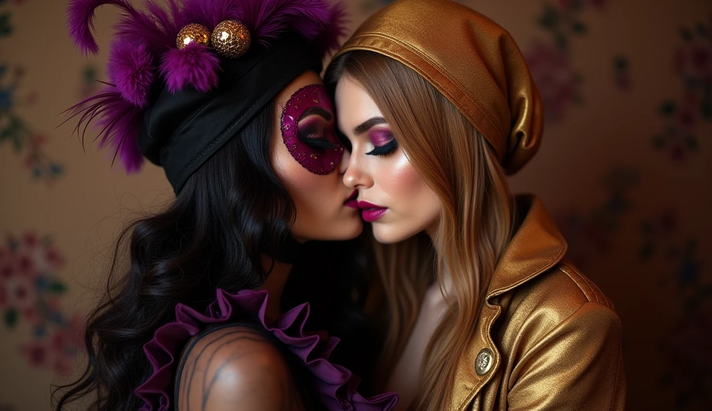 shallow depth-of-field, two (((feather furry pom pom satin clothing perverted adorable moulin rouge))) exhausted intertwined gothic latex head covering balaclava mask models kiss closer while wearing a shiny oil-lacquered head covering balaclava mask with closed eyes lesbians together necking too sensually excited, wear enormous glossy vinyl eyeliner eyeshadows lipstick blush rouge makeup, puffed satin slick wrap blouse with button-front gothic shiny poly-vinyl liquid-lacquered head covering balaclava mask thai has enormous eyeshadows & lipstick, 'very strongly colored eyelids with broad wide big eye-shadow & enormous dark glossy eyeshadows' & 'thick eyebrows', wearing a smooth transparent 'glossy shiny poly-vinyl' purple satin blouse with ruffles & 'gold pleated glossy shiny leather' pvc skirt with button-placket, adorned with a pleated purple satin croptop with hips with button-placket & dark-brown shiny pvc gloves, golden long-sleeved floor-length pvc vest with a button-placket & glossy brown poly-vinyl shiny pvc long-tunic shimmer wetlook glitter leggings and oil-lacquered head covering balaclava mask with poly-vinyl high-collar blouse with a long button-placket,two intertwined lesbians embrace, closed eyes, flirting, touch each other, enormous gothic eyeliner eyeshadows, enormous glossy shiny lips, enormous blushed rouged cheeks, puffed satin wrap blouse, makeup with a lot of blush and very much rouge, enormous eyeshadows & lipstick, 'very strongly colored eyelids with broad wide big eye-shadow & enormous dark glossy eyeshadows' & 'thick eyebrows', wearing a transparent 'glossy shiny poly-vinyl' purple satin blouse and head covering balaclava mask with ruffles & 'gold pleated glossy shiny leather' pvc skirt with button-placket, adorned with a pleated purple satin trenchcoat tailored with button-placket & dark-brown shiny pvc gloves, wear a golden long-sleeved floor-length pvc vest with a button-placket & glossy brown poly-vinyl shiny pvc long-tunic shimmer