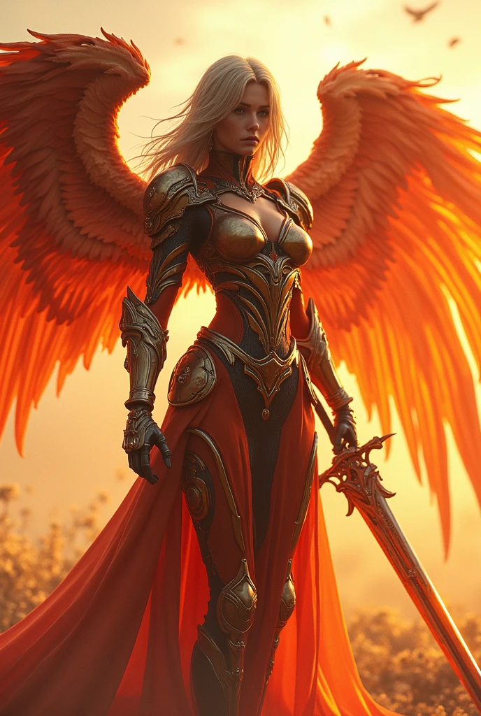 fire archangel Uriel,war effect,REAL - style image of a woman with a sword in a field, cyberpunk art inspired by Leng Mei, cgsociety contest winner, fantasy art, beautiful cyborg angel girl, angel knight girl, as a mystical valkyrie, battle angel, angel in plastic armor, mechanized valkyrie girl, unreal engine 4k wallpaper, wraith from apex legends, epic angel wings